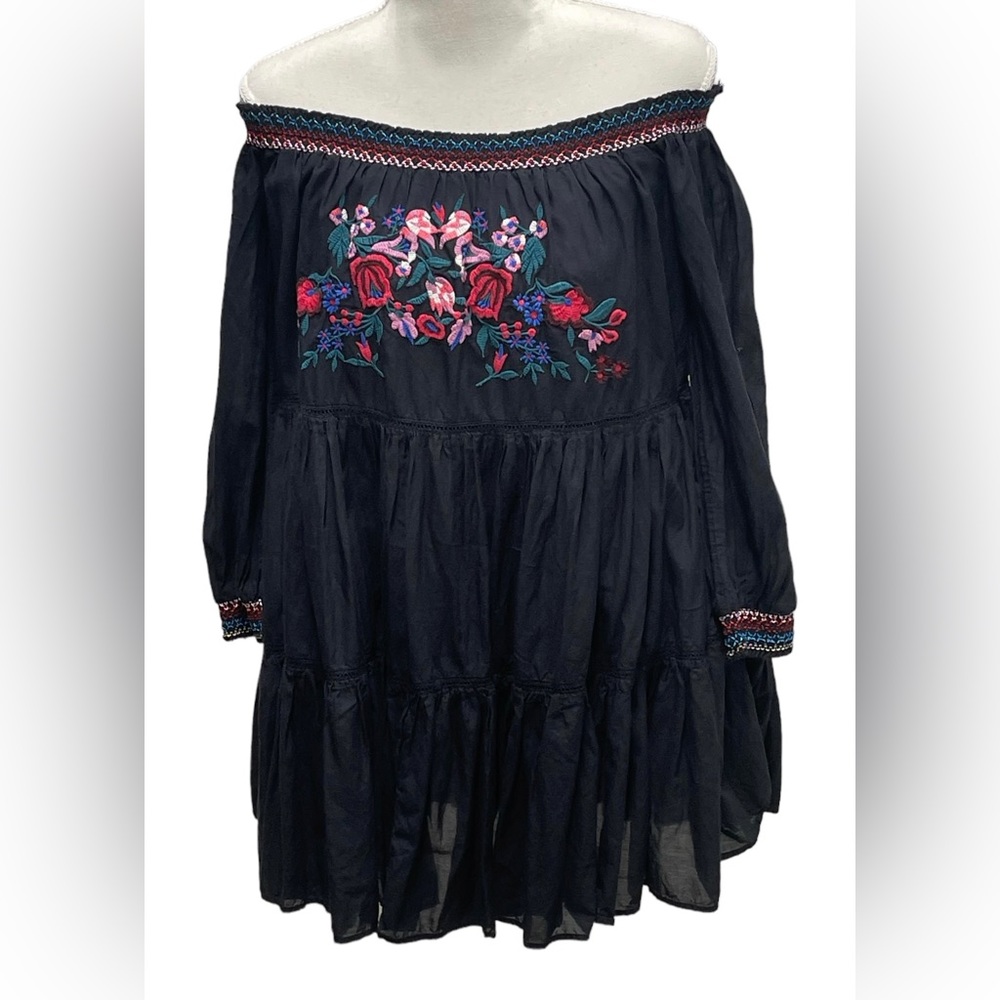 Free People Women’s Sun Beams Embroidered  Mini Dress in Black Size Large
